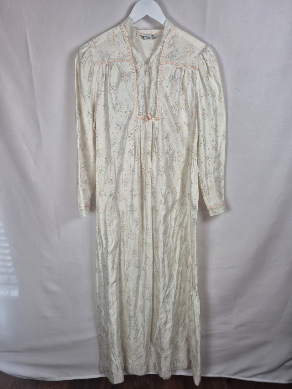 VTG Dior Cream Floral Long Sleeve Nightgown with Pink Trim